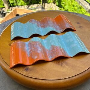 Wave Trays Home Decor Large Orange Seafoam Modernist Handmade Studio Pottery Art